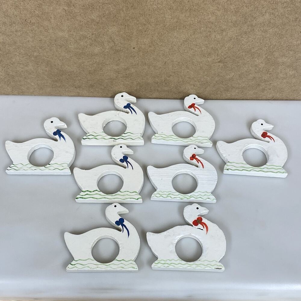Vtg Goose Swan Duck Napkin Rings Wood White Bows Ribbons Dining Set of 8